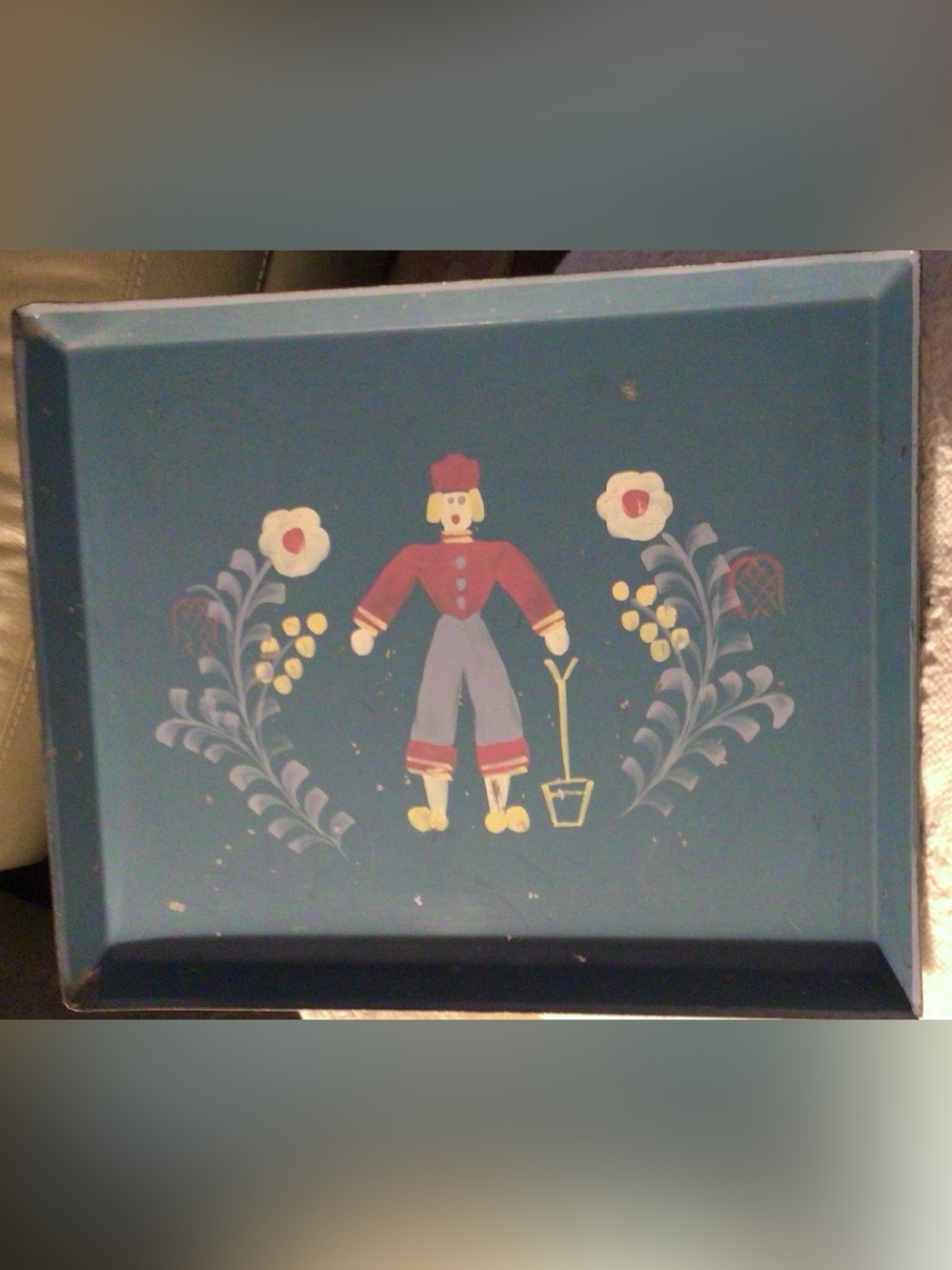 Toleware Tray w/traditional blue color & simple farmer late 19/early 20 century.